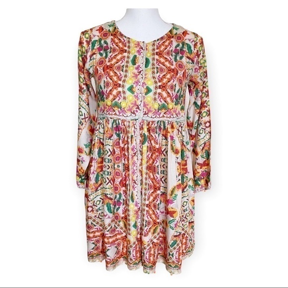 Hemant & Nandita Boho Button Front Beaded Hem Dress Orange Girl’s Size 12 - Picture 3 of 9